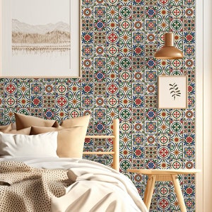 Carta da parati in piastrelle marocchine, ornamento Azulejos | Decorazione da parete | Ristrutturazione casa | Arte della parete | Carta da parati in vinile staccabile e incollabile o non autoadesiva
