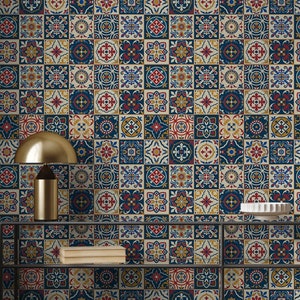 Marokkanische bunte Tapete, portugiesische Fliesen | Wanddekoration | Hausrenovierung | Wandkunst | Vinyl-Tapete zum Abziehen und Aufkleben oder nicht selbstklebend