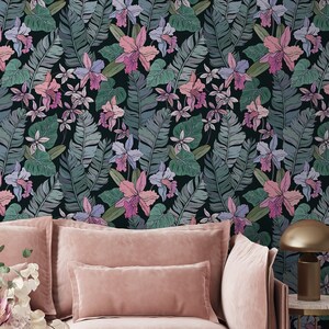 Tropische Orchideenblütentapete, Palmblatt | Wanddekoration | Hausrenovierung | Wandkunst | Vinyl-Tapete zum Abziehen und Aufkleben oder nicht selbstklebend
