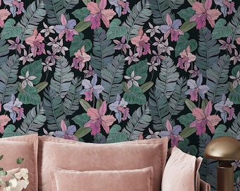Tropische Orchideenblütentapete, Palmblatt | Wanddekoration | Hausrenovierung | Wandkunst | Vinyl-Tapete zum Abziehen und Aufkleben oder nicht selbstklebend