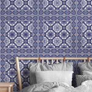 Carta da parati blu marocchina, motivo portoghese | Decorazione da parete | Ristrutturazione casa | Arte della parete | Carta da parati in vinile staccabile e incollabile o non autoadesiva