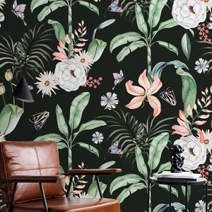 Flowers wallpaper | Leaves wallpaper | Dark Wall Decor | Home Renovation | Wall Art | Peel and Stick Or Non Self-Adhesive Vinyl Wallpaper
