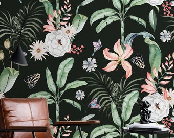 Papel pintado de flores | Fondo de pantalla de hojas | Decoración de pared oscura | Renovación del hogar | Arte de pared | Papel tapiz de vinilo despegable y pegado o no autoadhesivo