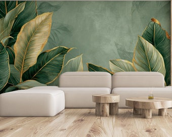 Papel pintado abstracto de hojas tropicales| Decoración de pared | Renovación del hogar | Arte de pared | Papel tapiz de vinilo despegable y pegado o no autoadhesivo
