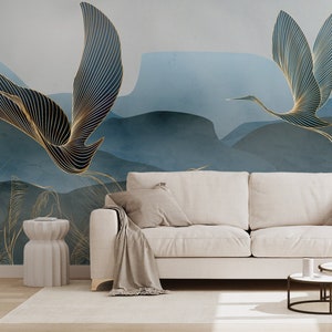 Fliegende Vögel Tapete | Abstrakte moderne Wanddekoration | Hausrenovierung | Wandkunst | Vinyl-Tapete zum Abziehen und Aufkleben oder nicht selbstklebend