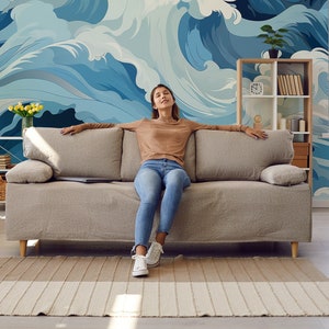 Abstrakte blaue Wellentapete | Wanddekoration | Hausrenovierung | Wandkunst | Vinyl-Tapete zum Abziehen und Aufkleben oder nicht selbstklebend