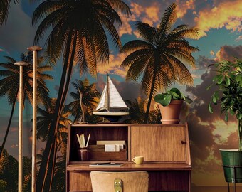 Tapete mit tropischer Palmenlandschaft | Wanddekoration | Wohnungsrenovierung | Wandkunst | Selbstklebende oder nicht selbstklebende Vinyltapete