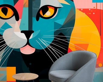 Abstrakte geometrische Tapete mit Katze | Tier-Wand-Dekor | Hausrenovierung | Wandkunst | Vinyl-Tapete zum Abziehen und Aufkleben oder nicht selbstklebend