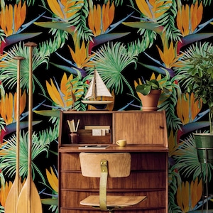 Carta da parati con fiori tropicali, foglia di palma | Decorazione da parete | Ristrutturazione casa | Arte della parete | Carta da parati in vinile staccabile e incollabile o non autoadesiva