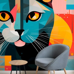 Carta da parati geometrica astratta con gatto | Decorazione da parete con animali | Ristrutturazione casa | Arte della parete | Carta da parati in vinile staccabile e incollabile o non autoadesiva