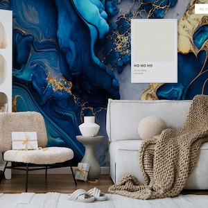 Dunkelblaue, nicht goldene abstrakte Fototapete | Wanddekoration | Hausrenovierung | Wandkunst | Vinyl-Tapete zum Abziehen und Aufkleben oder nicht selbstklebend