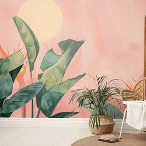 Fototapete mit tropischen grünen Blättern | Rosa Wanddekoration | Hausrenovierung | Wandkunst | Vinyl-Tapete zum Abziehen und Aufkleben oder nicht selbstklebend