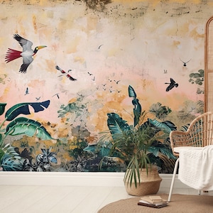 Tropische Vögel und Blätter Tapete | Wanddekoration | Hausrenovierung | Wandkunst | Vinyl-Tapete zum Abziehen und Aufkleben oder nicht selbstklebend