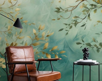 Groene takken groene abstracte muurschildering | Wanddecoratie | Woningrenovatie | Kunst aan de muur | Schil en plak of niet-zelfklevend vinylbehang