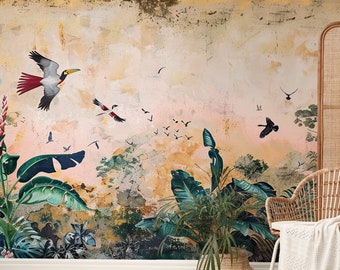 Papel pintado de pájaros y hojas tropicales | Decoración de pared | Renovación del hogar | Arte de pared | Papel tapiz de vinilo despegable y pegado o no autoadhesivo