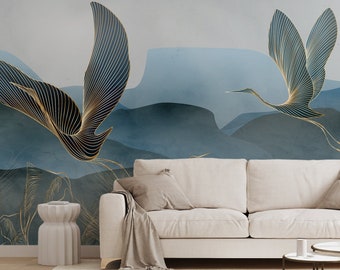 Vliegende vogels behang | Abstract modern wanddecor | Woningrenovatie | Kunst aan de muur | Schil en plak of niet-zelfklevend vinylbehang