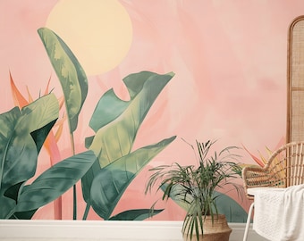 Fotomural de hojas verdes tropicales | Decoración de pared rosa | Renovación del hogar | Arte de pared | Papel tapiz de vinilo despegable y pegado o no autoadhesivo