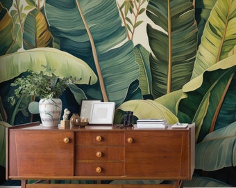 Bananenbladbehang, exotische jungle | Wanddecoratie | Woningrenovatie | Kunst aan de muur | Schil en plak of niet-zelfklevend vinylbehang