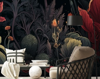 Papel pintado oscuro abstracto con pantalón y flor | Decoración de pared | Renovación del hogar | Arte de pared | Papel tapiz de vinilo despegable y pegado o no autoadhesivo