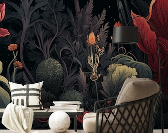 Abstract dark wallpaper with plant & flower | Wall Decor | Home Renovation | Wall Art | Peel and Stick Or Non Self-Adhesive Vinyl Wallpaper