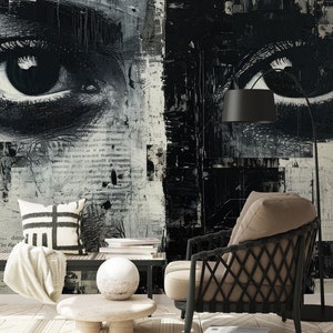 Abstrakte Augen-Grunge-Tapete | Wanddekoration | Hausrenovierung | Wandkunst | Vinyl-Tapete zum Abziehen und Aufkleben oder nicht selbstklebend