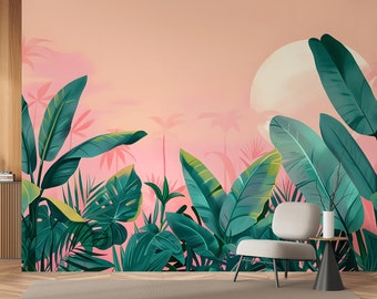 Peinture murale de feuilles vertes tropicales | Décor mural rose | Rénovation domiciliaire | Art mural | Papier peint en vinyle à décoller et à coller ou non autocollant