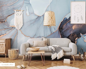 Abstrakte Tapete aus blauem Marmor, nicht goldfarben | Wanddekoration | Hausrenovierung | Wandkunst | Vinyl-Tapete zum Abziehen und Aufkleben oder nicht selbstklebend
