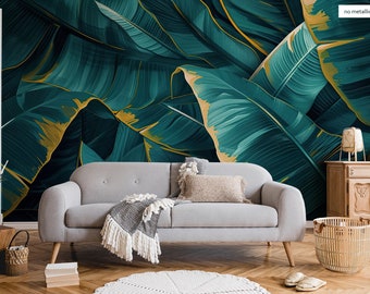 Feuilles de bananier murale tropicale sarcelle et jaune | Décoration murale | Rénovation domiciliaire | Art mural | Papier peint vinyle à décoller et à coller ou non autocollant