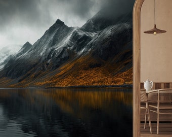 Bergen behang | Donkere wolkenkunst | Wanddecoratie | Woningrenovatie | Kunst aan de muur | Schil en plak of niet-zelfklevend vinylbehang
