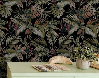 Tapete mit tropischen Palmblättern | Wanddekoration | Hausrenovierung | Wandkunst | Abziehen und Aufkleben oder nicht selbstklebende Vinyltapete
