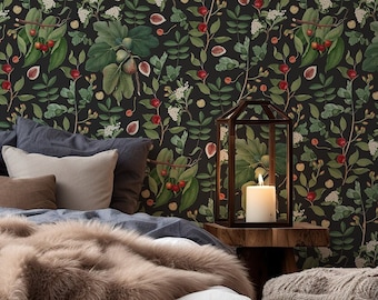 Dark green & red botanical pattern wallpaper | Wall Decor | Home Renovation | Wall Art | Peel and Stick Or Non Self-Adhesive Vinyl Wallpaper