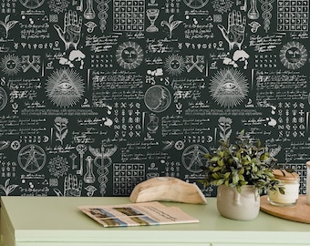 Mystische magische Tapete, okkultes Muster | Wanddekoration | Hausrenovierung | Wandkunst | Vinyl-Tapete zum Abziehen und Aufkleben oder nicht selbstklebend