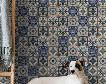 Portuguese tile wallpaper, colorful Moroccan | Wall Decor | Home Renovation | Wall Art | Peel and Stick Or Non Self-Adhesive Vinyl Wallpaper