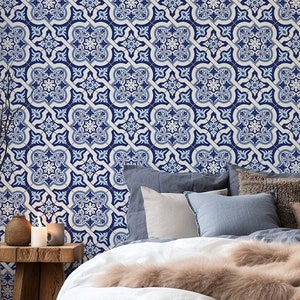 Carta da parati blu marocchina, tegola portoghese | Decorazione da parete | Ristrutturazione casa | Arte della parete | Carta da parati in vinile staccabile e incollabile o non autoadesiva