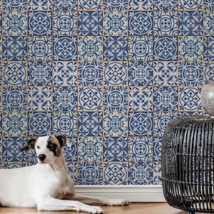 Carta da parati blu con piastrelle marocchine | Decorazione da parete | Ristrutturazione casa | Arte della parete | Carta da parati in vinile staccabile e incollabile o non autoadesiva