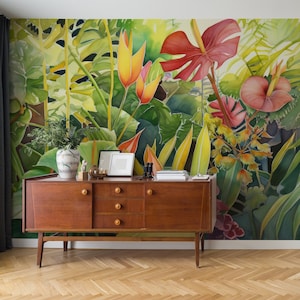 Bunte exotische Tapete, tropischer Druck | Wanddekoration | Hausrenovierung | Wandkunst | Vinyl-Tapete zum Abziehen und Aufkleben oder nicht selbstklebend