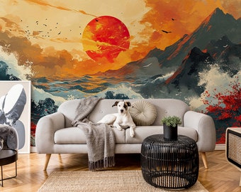 Könnte beinhalten: Ein weißer Hund sitzt auf einem grauen Sofa vor einer Wandmalerei, die einen roten Sonnenuntergang über einem blauen Meer und Bergen zeigt. Das Wandbild ist im Aquarell-Stil gemalt.