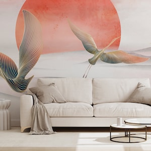 Aquarell abstrakte Vogeltapete | Wanddekoration | Hausrenovierung | Wandkunst | Vinyl-Tapete zum Abziehen und Aufkleben oder nicht selbstklebend