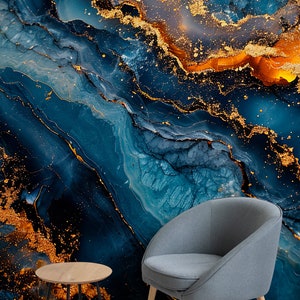 Blaue und orange gewellte Marmortapete | Wanddekoration | Hausrenovierung | Wandkunst | Vinyl-Tapete zum Abziehen und Aufkleben oder nicht selbstklebend
