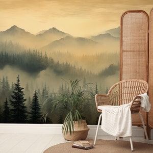 Gelbe Nadelwald-Berglandschaft | Wanddekoration | Hausrenovierung | Wandkunst | Vinyl-Tapete zum Abziehen und Aufkleben oder nicht selbstklebend