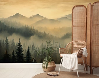 Paysage de montagne de forêt de conifères jaunes | Décoration murale | Rénovation domiciliaire | Art mural | Papier peint vinyle à décoller et à coller ou non autocollant