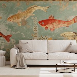 Aquariumtapete, Fischmuster | Wanddekoration | Hausrenovierung | Wandkunst | Vinyl-Tapete zum Abziehen und Aufkleben oder nicht selbstklebend