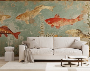 Aquarium wallpaper, fish pattern | Wall Decor | Home Renovation | Wall Art | Peel and Stick Or Non Self-Adhesive Vinyl Wallpaper