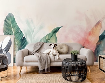 Papel pintado tropical de acuarela con hojas | Decoración de pared | Renovación del hogar | Arte de pared | Papel tapiz de vinilo despegable y pegado o no autoadhesivo