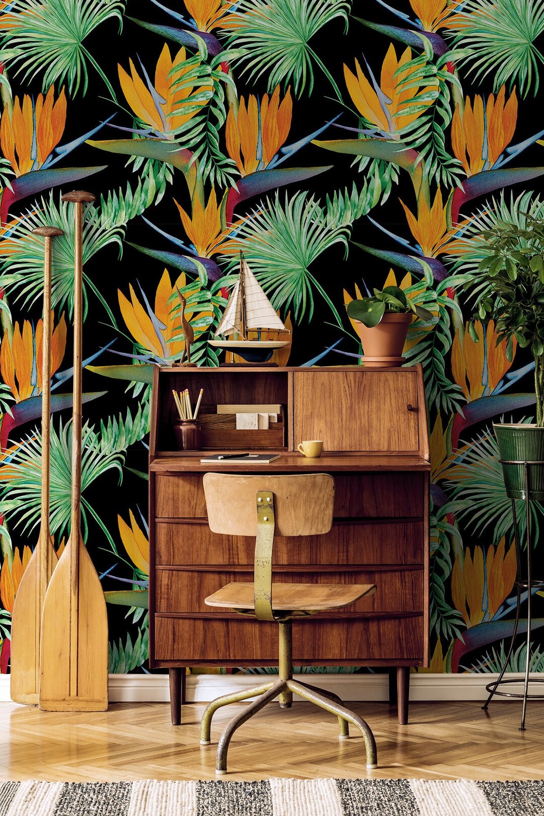 Tropical Flower Wallpaper, Palm Leaf | Wall Decor | Home Renovation ...