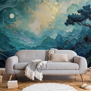 Abstrakte Landschaft mit Baumtapete | Wanddekoration | Hausrenovierung | Wandkunst | Vinyl-Tapete zum Abziehen und Aufkleben oder nicht selbstklebend