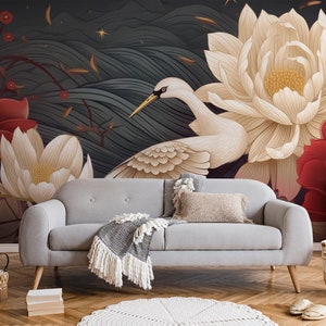 Schwanen- und Blumentapete, Blumenwandbild | Wanddekoration | Hausrenovierung | Wandkunst | Vinyl-Tapete zum Abziehen und Aufkleben oder nicht selbstklebend