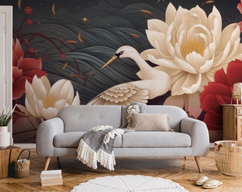 Zwaan en bloemen behang, bloemenmuurschildering | Wanddecoratie | Woningrenovatie | Kunst aan de muur | Schil en plak of niet-zelfklevend vinylbehang