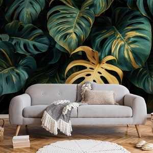 Tropische Monstera-Blätter-Tapete | Wanddekoration | Hausrenovierung | Wandkunst | Vinyl-Tapete zum Abziehen und Aufkleben oder nicht selbstklebend