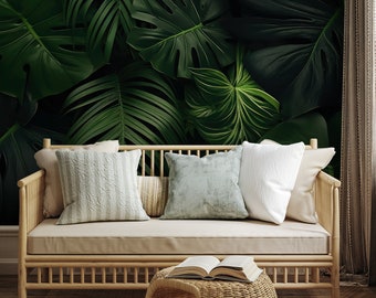 Grüne tropische Blätter Tapete | Dschungel-Wand-Dekor | Hausrenovierung | Wandkunst | Vinyl-Tapete zum Abziehen und Aufkleben oder nicht selbstklebend